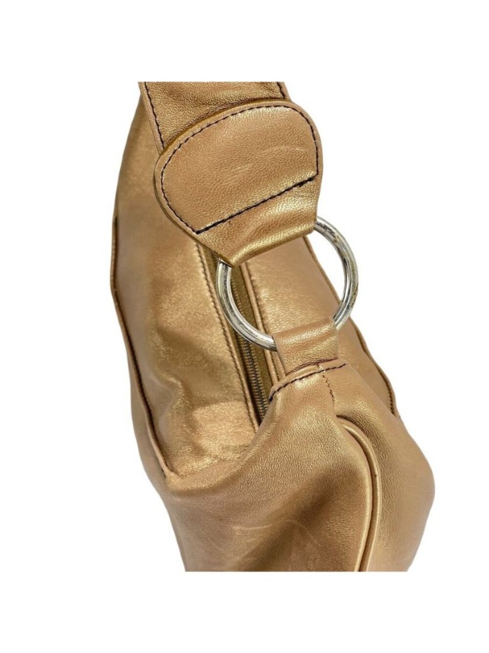 Bolsa Metallic Gold Lambskin Leather Shoulder Bag With Ultrasuede Lining Zip Clo - Picture 8 of 14